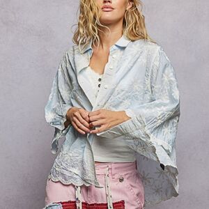 ****POL Embroidered Floral Collared Neck Shirt Light Blue Blouse sz Large